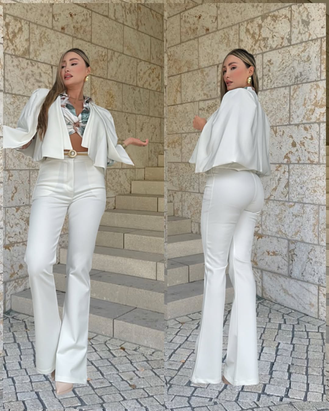 Capa corta blanca con caída fluida. Diseño abierto que aporta un toque sofisticado y moderno a tu look.