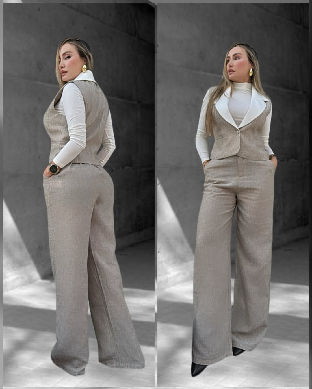 Chaleco entallado con solapa en contraste y pantalón de corte palazzo de tiro alto.