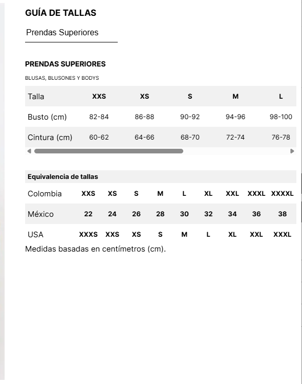 Guía de tallas superior
